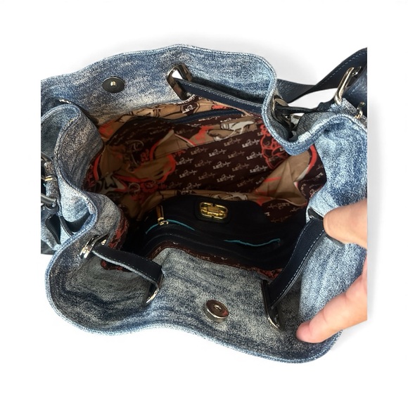 Studded Denim Shoulder Bag with Black Accents